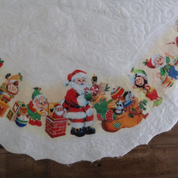 Vintage Rennoc White Felt Christmas Tree Skirt Santa Claus & Elves - Picture 3 of 5